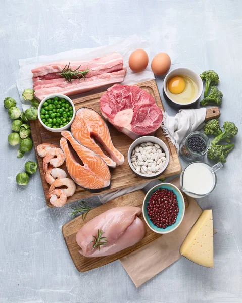Proteinrika Livsmedel Hälsosam Mat Och Kost Koncept — Stockfoto