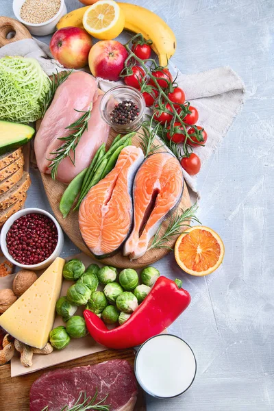 Dieta Equilibrada Conceito Alimentação Saudável Culinária Vista Superior Com Espaço — Fotografia de Stock