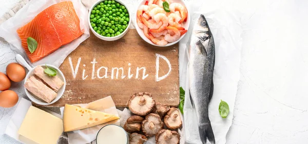 Gazdag élelmiszerek a természetes D-vitamin panoráma, banner — Stock Fotó
