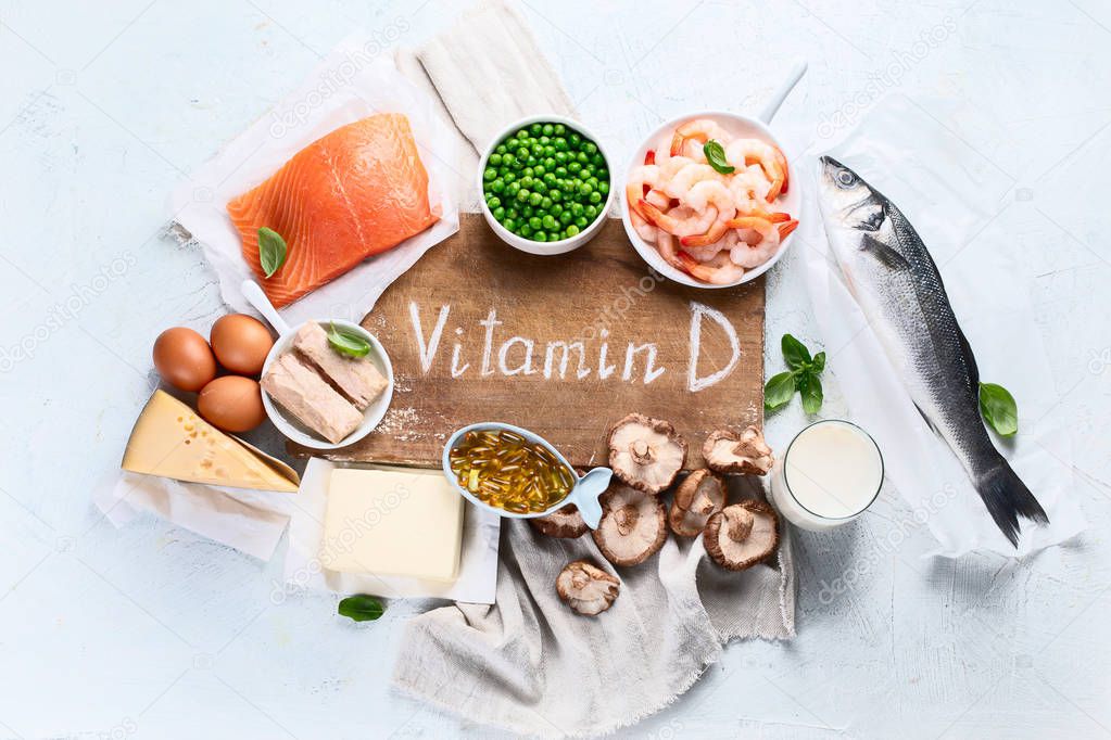 Foods rich in natural vitamin D. Top view 