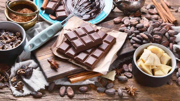 Cacao beans, powder, cacao butter,  chocolate bar and chocolate