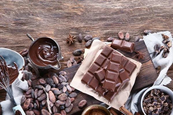 Cacao beans, powder, cacao butter,  chocolate bar and chocolate