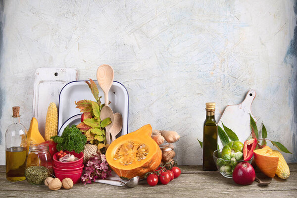 Healthy vegetarian fall food cooking background.