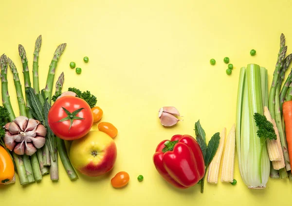 Fresh Fruits Vegetables Yellow Background Healty Food Concept Vegan Vegetarian — Stock Photo, Image