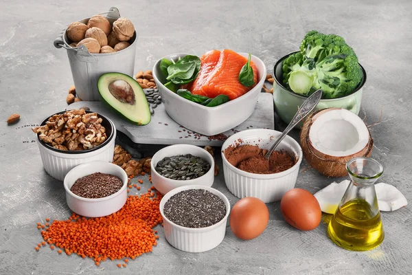 Potravinové Zdroje Omega Zdravé Tuky Zdravý Stravovací Koncept — Stock fotografie