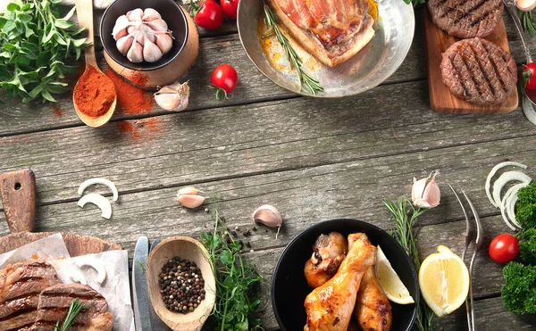 Different Types Grilled Meat Rustic Wooden Table Top View — Stock Photo, Image