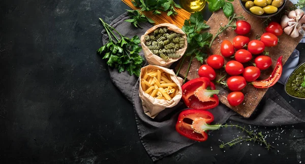 Ingredientes Comida Italiana Con Pasta Alimentación Saludable Vista Superior Con — Foto de Stock