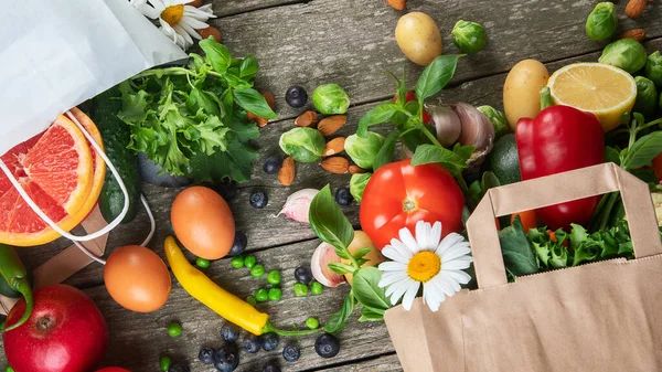 Milieuvriendelijke Herbruikbare Boodschappentas Gevuld Met Groenten Fruit Gezond Vegetarisch Voedselconcept — Stockfoto