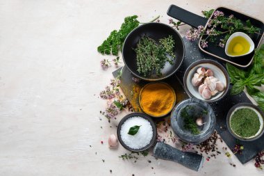 Çeşitli otlar ve baharatlar. Üst görünüm, kopyalama alanı olan düz uzanma