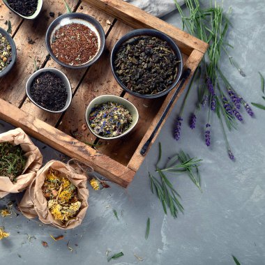 Çayın çeşitli çeşitleri. Kopyalama alanı olan üst görünüm