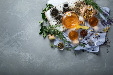 Çayın çeşitli çeşitleri. Kopyalama alanı olan üst görünüm