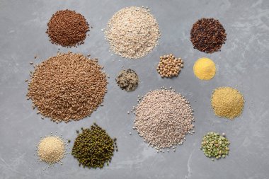 Gri arka planda çeşitli doğal tahıllar. Kopyalama alanı olan üst görünüm