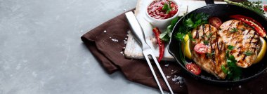 Izgara tavuk göğsü ve tavada sosla servis edilmiş. Gri arka planda sebzeler ve fotokopi alanı. Panorama, bayrak