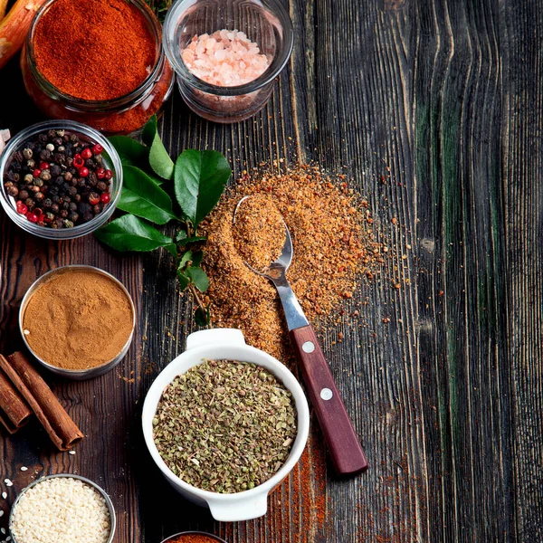 Various Spices Cooking Rustic Wooden Background Top View Copy Space — Stock Photo, Image
