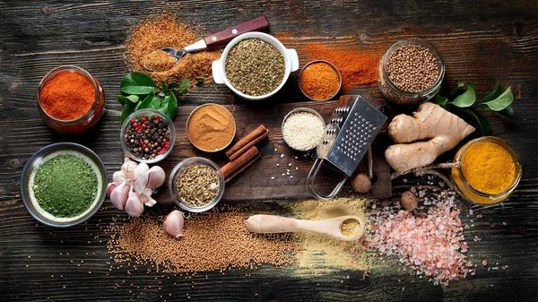 Various Spices Cooking Rustic Wooden Background Top View Flat Lay — Stock Photo, Image