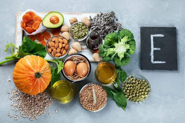 Potraviny Bohaté Vitamín Šedém Pekárně Zdravé Produkty Pohled Shora Plochý — Stock fotografie