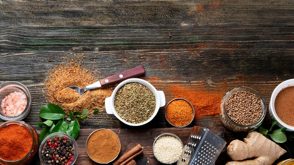 Various Spices Cooking Rustic Wooden Background Top View Copy Space — Stock Photo, Image