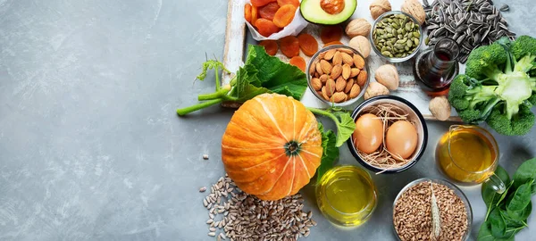 Potraviny Bohaté Vitamín Šedém Pekárně Zdravé Produkty Horní Pohled Byt — Stock fotografie