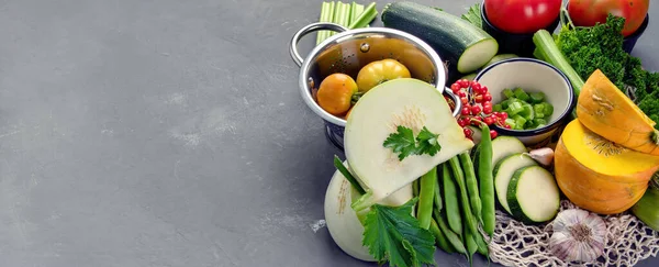 Verduras Verão Com Ervas Comida Saudável Limpa Panorama Banner — Fotografia de Stock