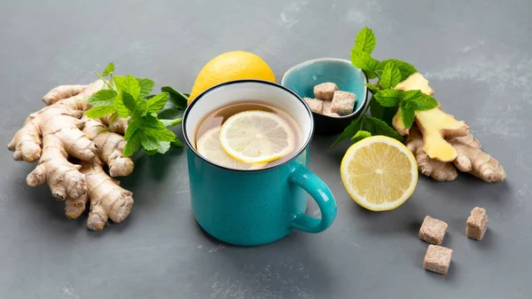 Raiz Gengibre Com Chá Saudável Com Limão — Fotografia de Stock