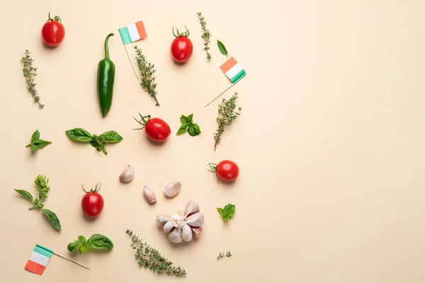 Färgstarkt Minimalistiskt Italienskt Matmönster Ovanifrån Platt Låg Kopiera Utrymme — Stockfoto