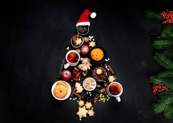 Christmas Tree Made Holiday Food Black Background Top View Flat — Stock Photo, Image