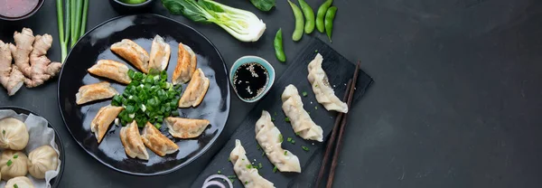 Asiatiska Dumplings Som Med Olika Såser Och Grönsaker Ovanifrån Kopiera — Stockfoto