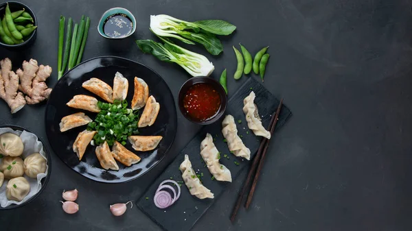 Asian Dumplings Set Variety Sauces Vegatables Top View Copy Space — Stock Photo, Image
