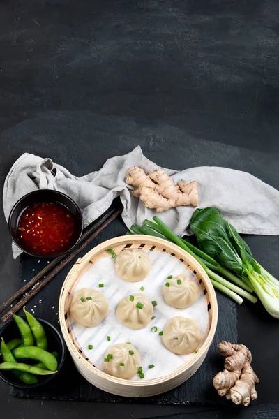 Chinese Steamed Buns Served Dipping Sauce Fresh Vegetables Top View — Stock Photo, Image