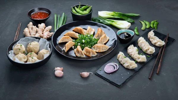 Asian Dumplings Set Variety Sauces Vegatables — Stock Photo, Image