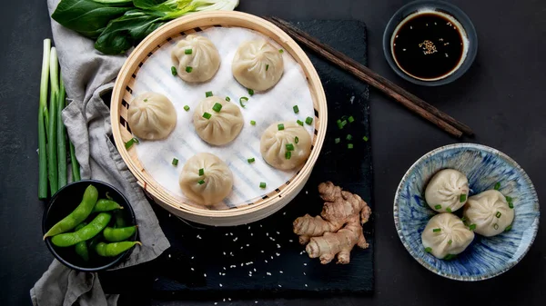 Chinese Steamed Buns Served Dipping Sauce Fresh Vegetables Top View — Stock Photo, Image