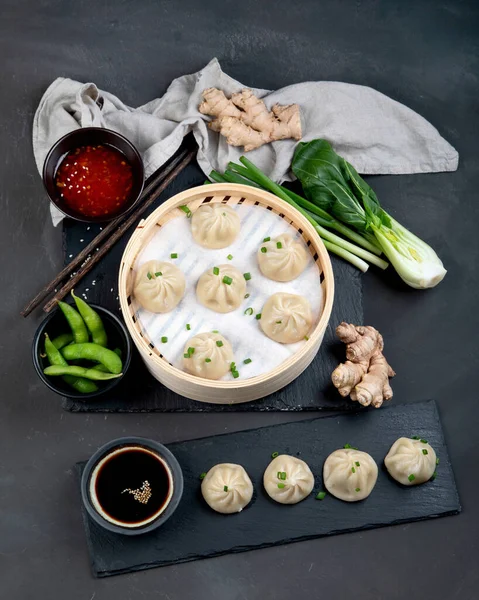 Chinese Steamed Buns Served Dipping Sauce Fresh Vegetables Top View — Stock Photo, Image