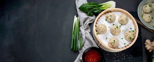 Chinese Steamed Buns Served Dipping Sauce Fresh Vegetables Top View — Stock Photo, Image