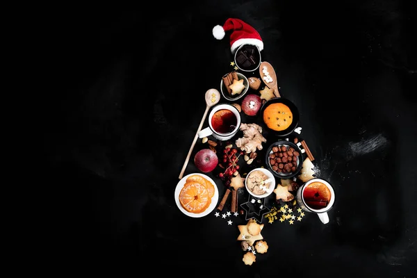 Albero Natale Fatto Cibo Natalizio Sfondo Nero Vista Dall Alto — Foto Stock