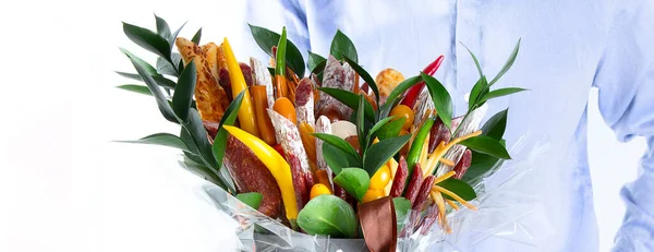 Bouquet Sausages Vegetables Cheese Bread Man Unusual Male Gift Bouquet — Stock Photo, Image