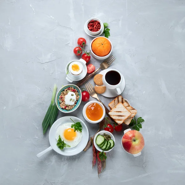 Christmas Tree Made Breakfast Menu Light Grey Background Top View — Stock Photo, Image