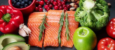 Ketojenik diyet. Sağlıklı düşük karbonhidratlı yiyecekler. Panorama