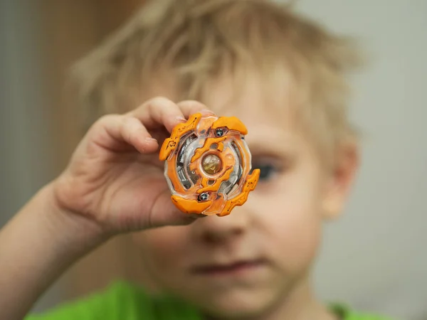 Popular Kids Toys Little Caucasian Boy Demonstrated Beyblade — Stock Photo, Image