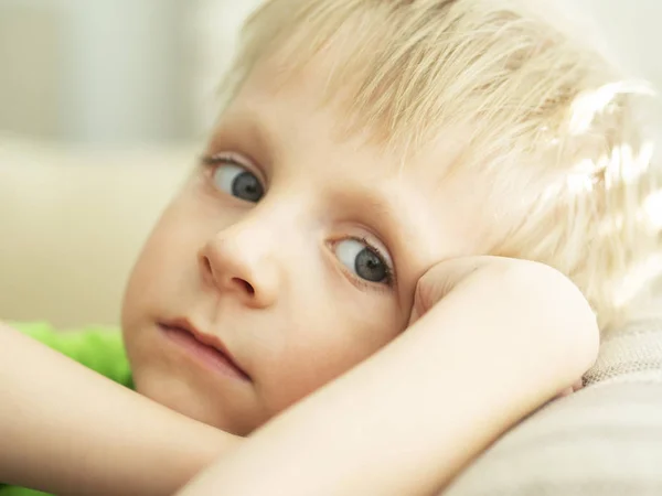 Emotions Sad Caucasian Boy Lookong Camera — Stock Photo, Image