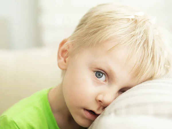 Emotions Sad Caucasian Boy Lookong Camera — Stock Photo, Image