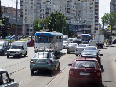 Kharkov, Ukrayna - 26 Mayıs 2018: Sovyet dönemi tramvay