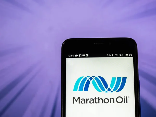 Kiew Ukraine September 2018 Marathon Logo Des Ölkonzerns Auf Smartphone — Stockfoto