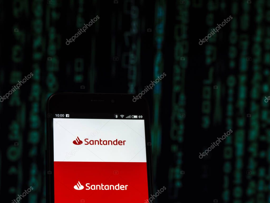 KIEV, UKRAINE - Set 27, 2018: Banco Santander logo seen displayed on smart phone. Santander Group  is a Spanish banking group.