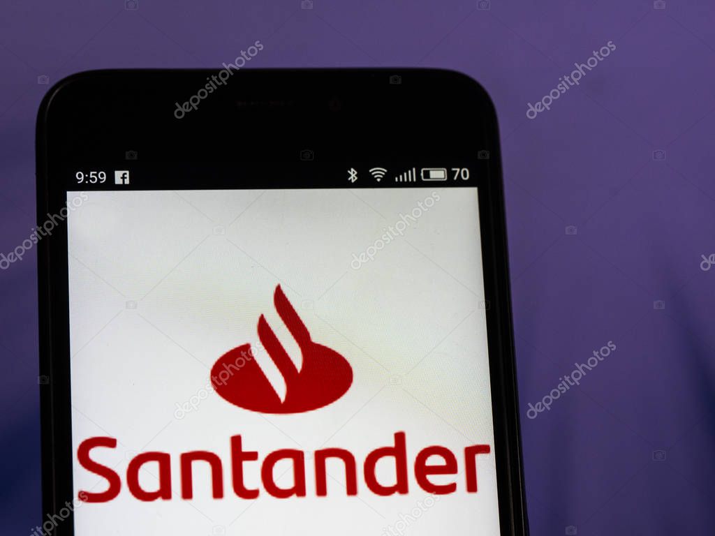 KIEV, UKRAINE - Set 27, 2018: Banco Santander logo seen displayed on smart phone. Santander Group  is a Spanish banking group.