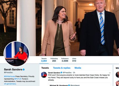 Twitter page for Sarah Sanders. Sarah Elizabeth Huckabee Sanders is an American campaign manager and political adviser who currently serves as the twenty-ninth White House Press Secretary under President Donald Trump.  clipart