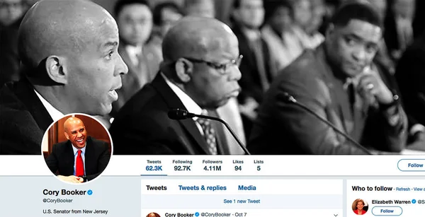 Página Twitter Para Cory Booker Cory Anthony Booker Político Americano — Fotografia de Stock