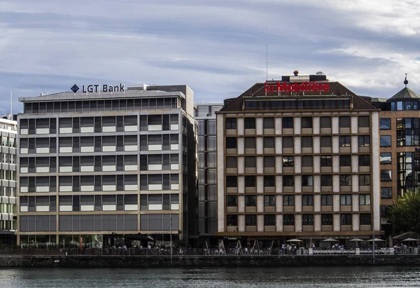 Jeneva Switzerland Sep 2018 Office Buildings Rhone River Genev — Stock Photo, Image