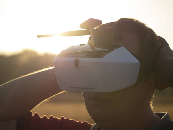 Drone Pilot Wearing First Person View Headset Young Man Driving — Stock Photo, Image