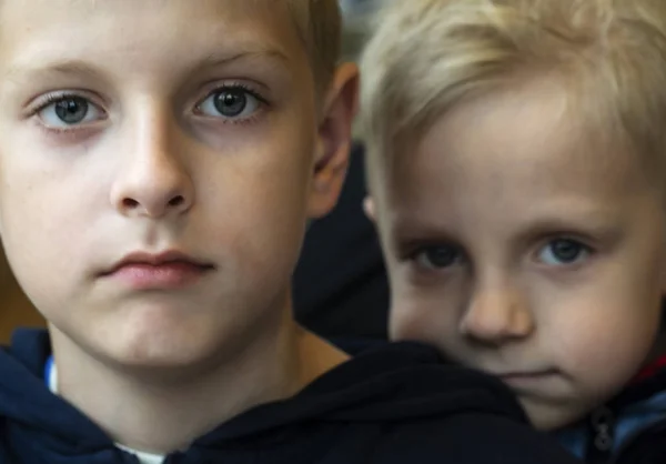 Kaksi Valkoihoista Poikaa Sinisilmäinen Blondi Veli — kuvapankkivalokuva