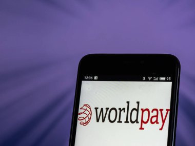 Kiev, Ukrayna - 26 Ekim 2018: Worldpay şirket logosu akıllı telefon görüntülenen gördüm. WorldPay Group plc şirket bir ödeme yapıldı.. 